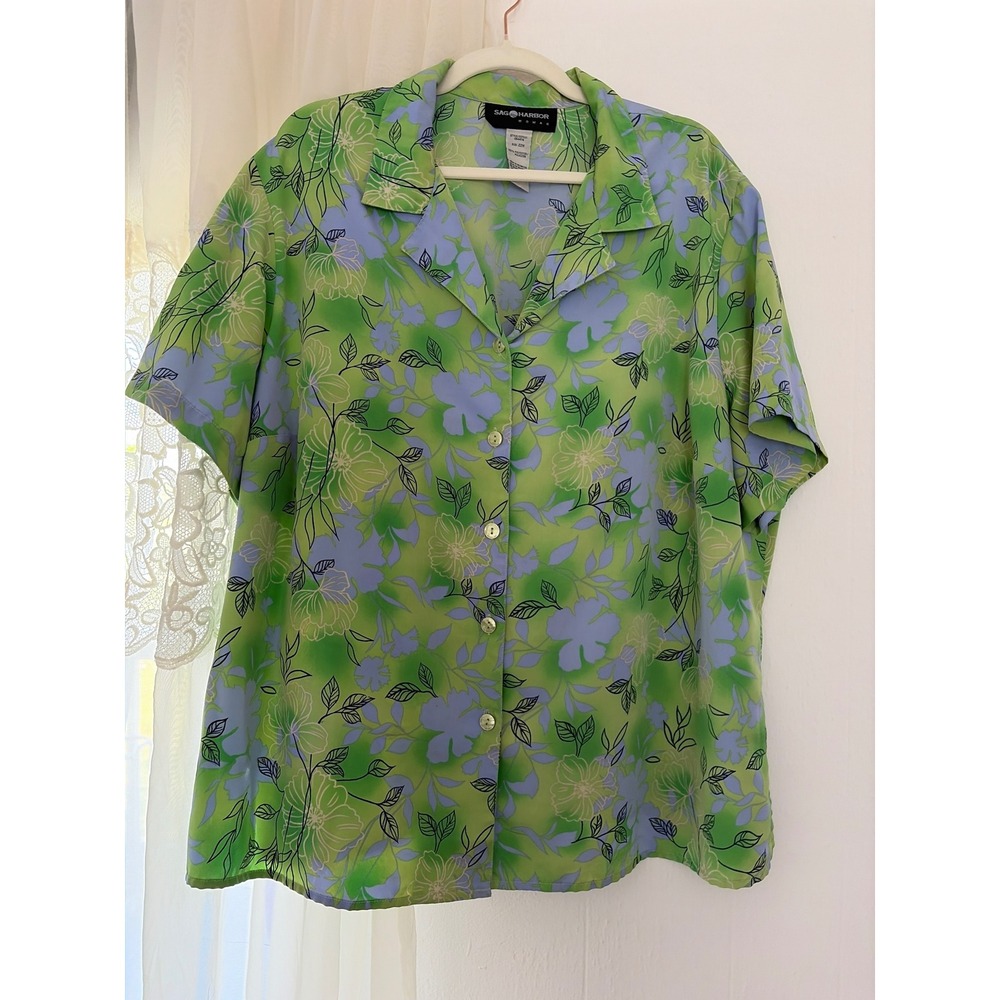 Sag Harbor Floral Button Down Blouse Womens 22W Green Blue Excellent‎ Tropical
